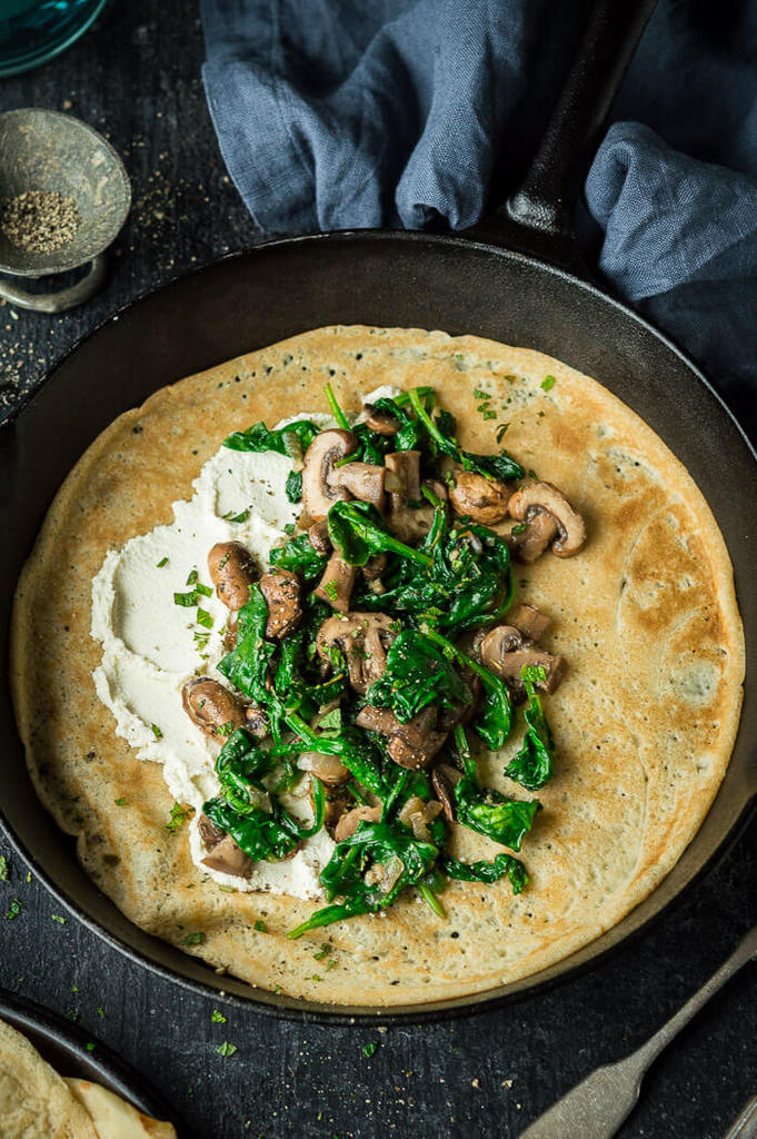 Vegan Spinach and Mushroom Crepes With Almond Cheese
