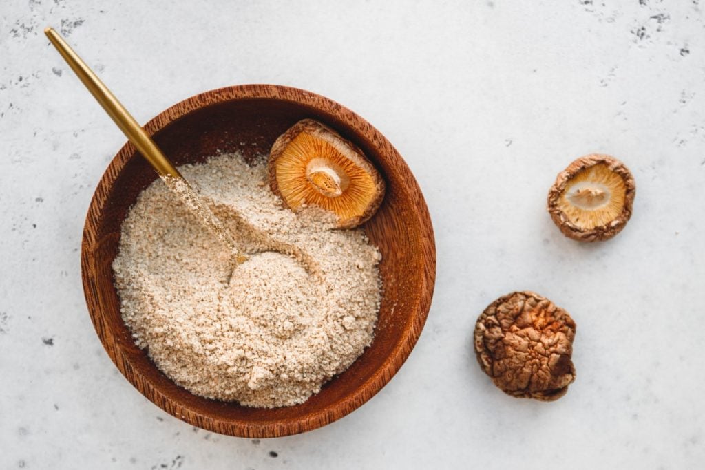 Medicinal mushroom powder made from shiitake mushrooms. 