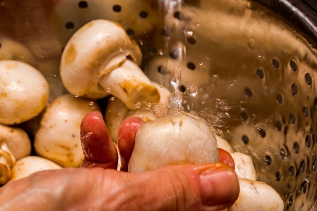 Rinsing button mushrooms in a colander under running water.