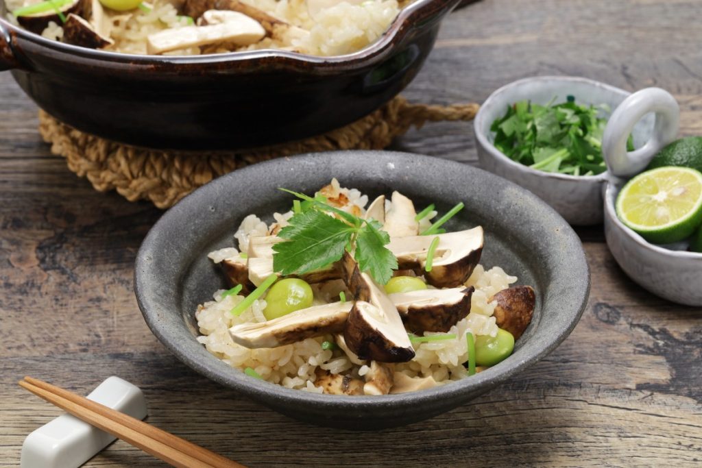 Matsutake mushrooms and rice. Distinctive matsutake mushroom taste and aroma