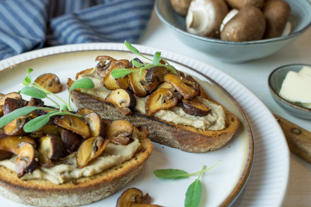 Sauteed cremini mushrooms on toast