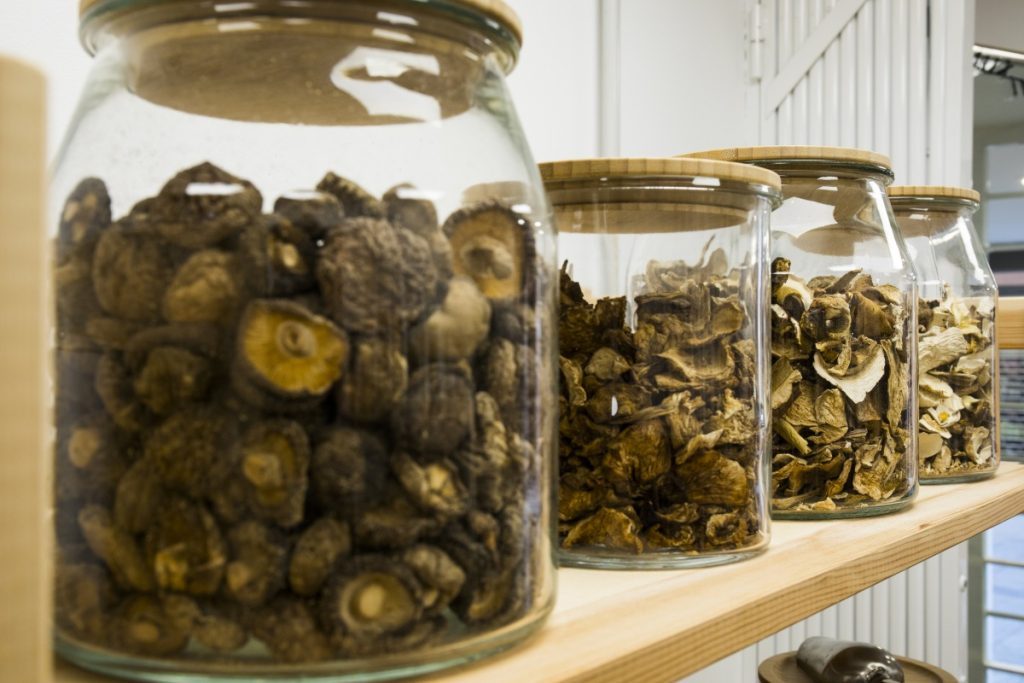 Dried mushrooms in a health food store.