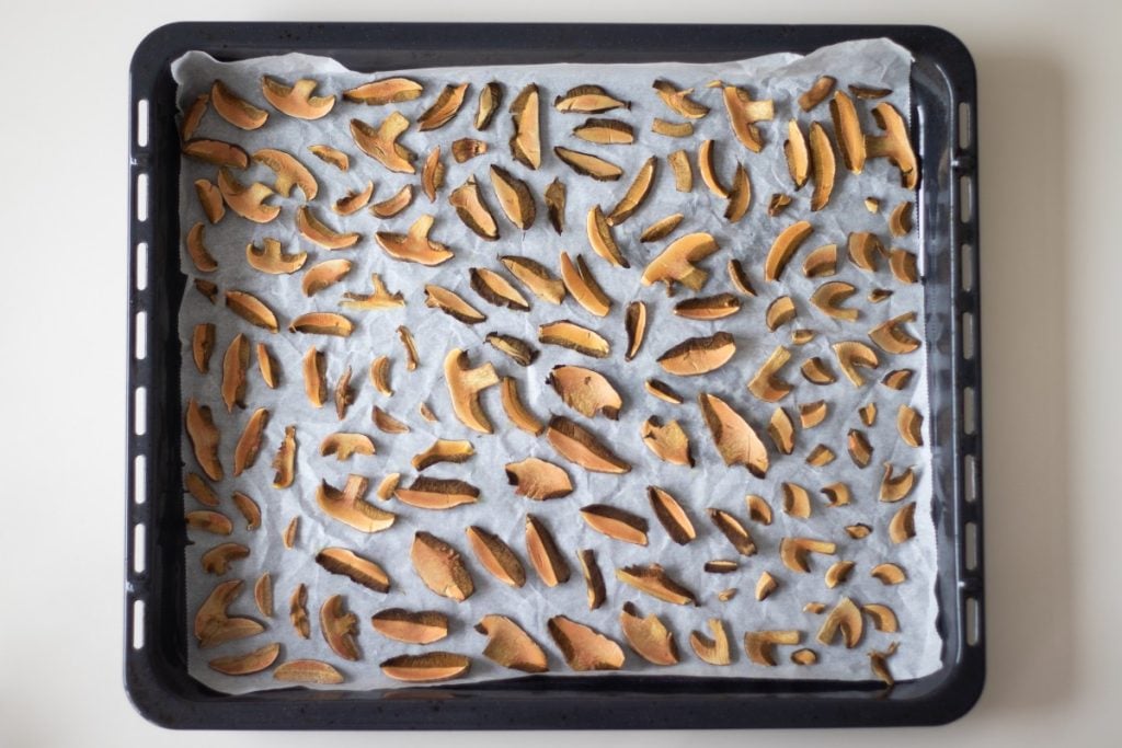 Mushrooms laid out on a lined baking tray ready to be dried.