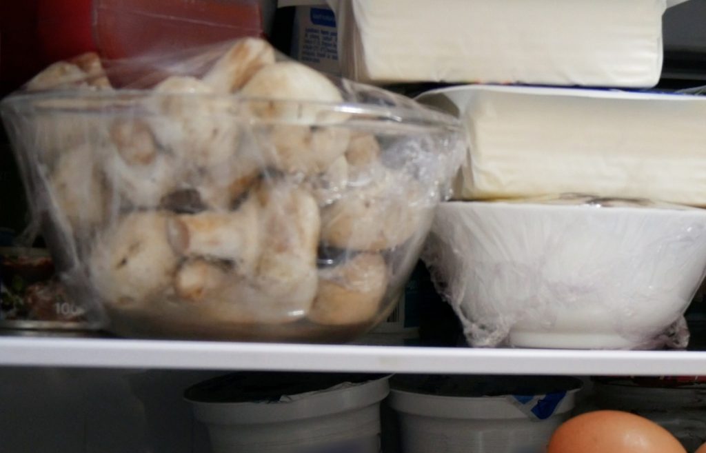 Mushrooms in a container covered with plastic wrap.