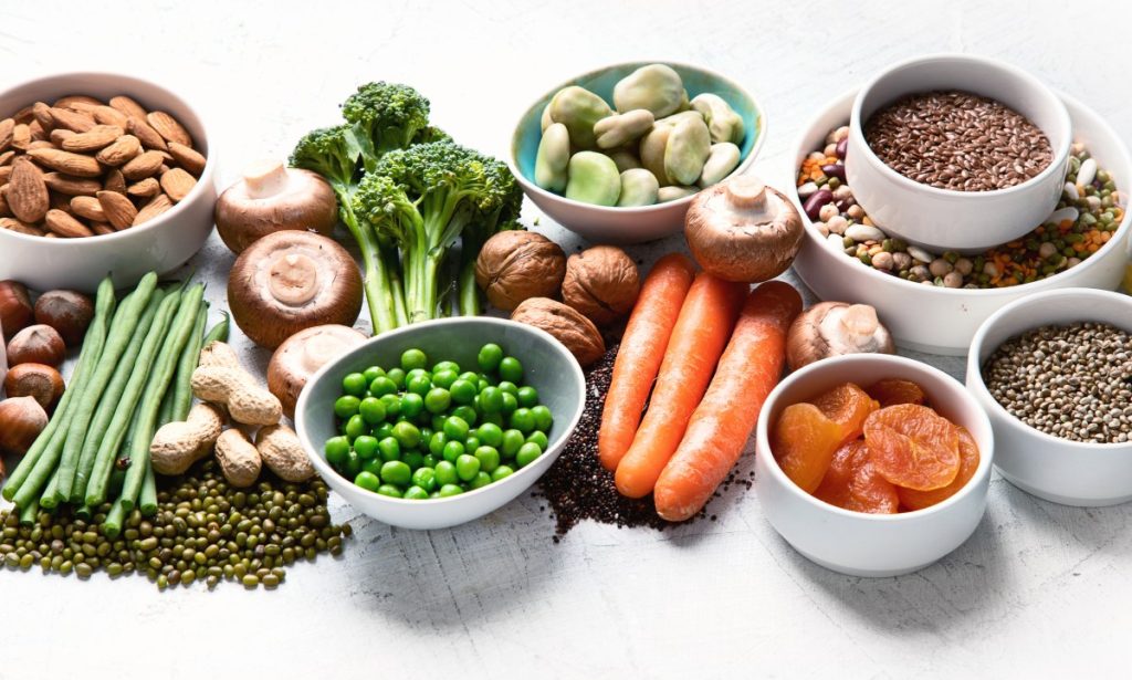 Vegetables, mushrooms, nuts and seeds that are good sources of protein.