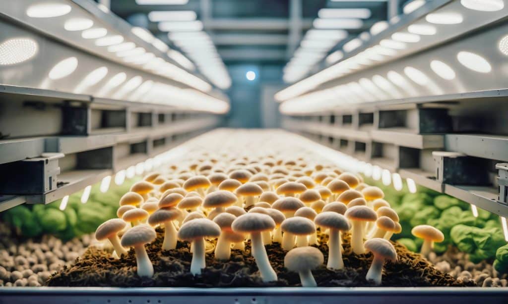 Mushrooms growing under lights in a modern high-tech mushroom farm
